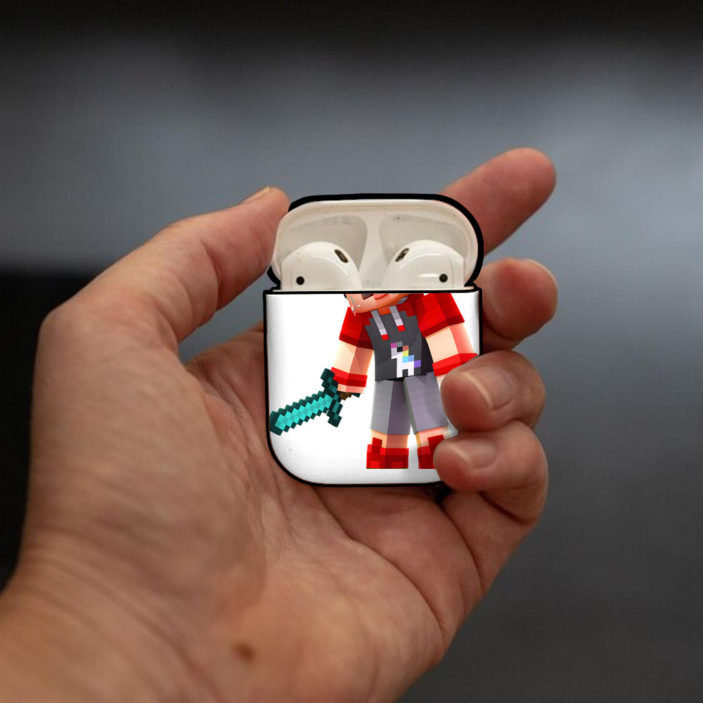 マインクラフト ブロックの世界 Minecraft MC Block world AirPods 第2世代保護ケース ハードシェル ブラック 耐衝撃・防指紋・カラビナ付き