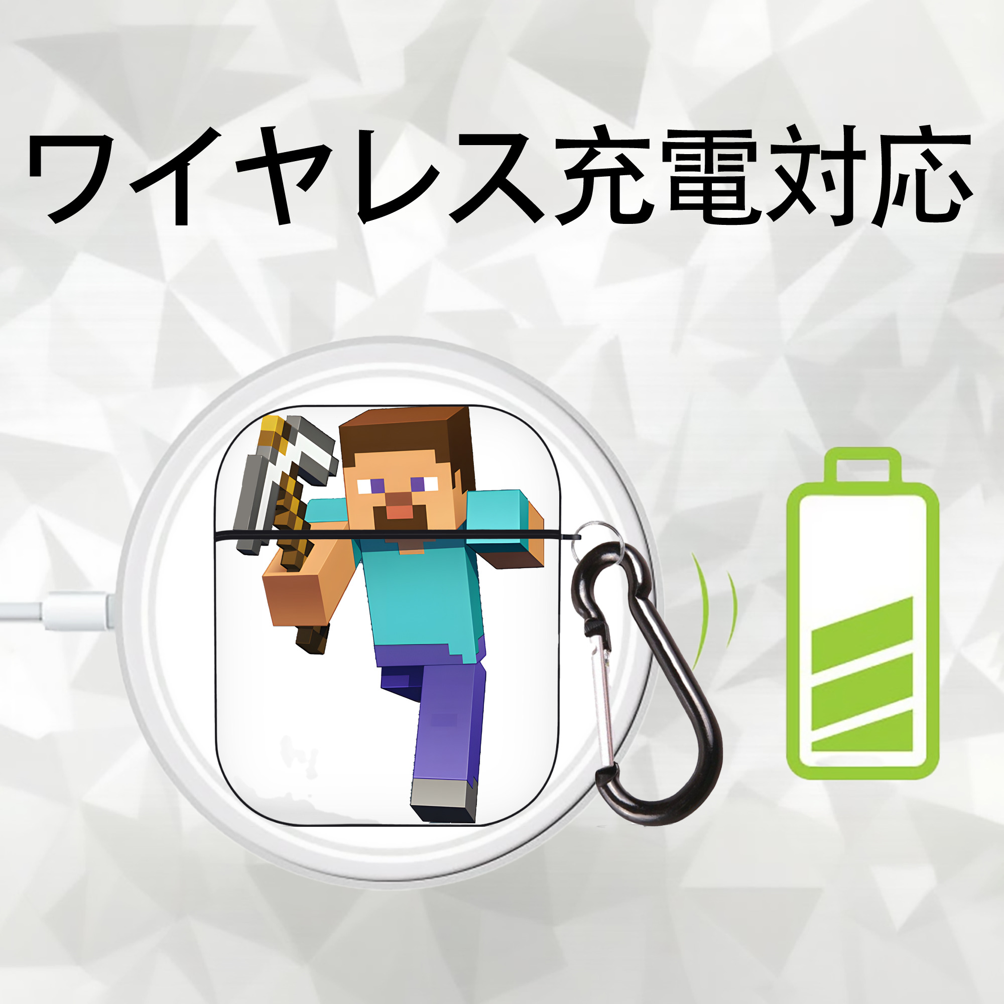 マインクラフト ブロックの世界 Minecraft MC Block world AirPods 第2世代保護ケース ハードシェル ブラック 耐衝撃・防指紋・カラビナ付き